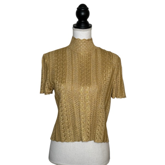St. John Collection Gold Metallic Knitwear Mock Neck Short Sleeve Blouse Size SP - Picture 1 of 10
